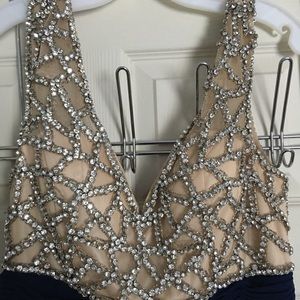 Women’s Full Length Navy Blue and Gold Formal Gown